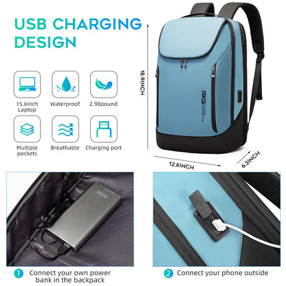 BANGE Business Smart Backpack Waterproof fit 15.6 Inch Laptop Backpack with USB Charging Port,Travel Durable Backpack (Light Blue(three Pocket), Medium)