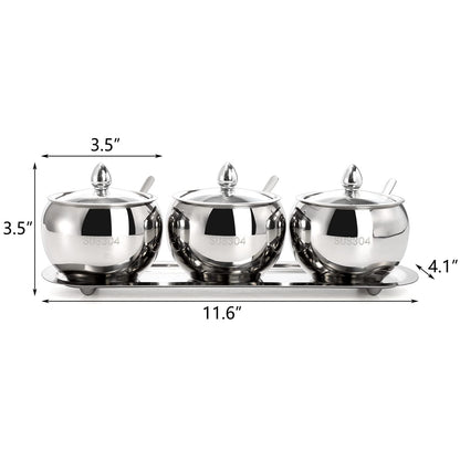 Hedume 3 Grids 304 Stainless Steel Seasoning Containers Set with Lid Spoon and Tray, Condiment Jar Spice Container, Condiment Canisters Pots for Serving Sugar, Pepper, Salt, Spice