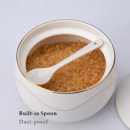 KITCHENDAO Porcelain Sugar Bowl and Acacia Wood Salt Cellar Bowl Box with Spoon