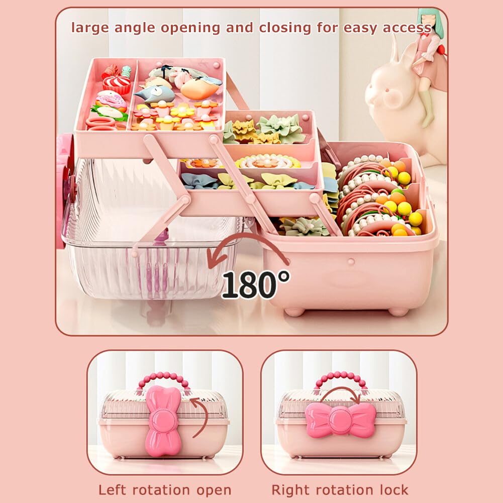GKWW Cute Girls Hair Accessories Storage Box Bow Switch Organizer Box Jewelry Box, Plastic Hair Ties Holder Hair Clips Container Storage Box for Home, School, Office(Pink)