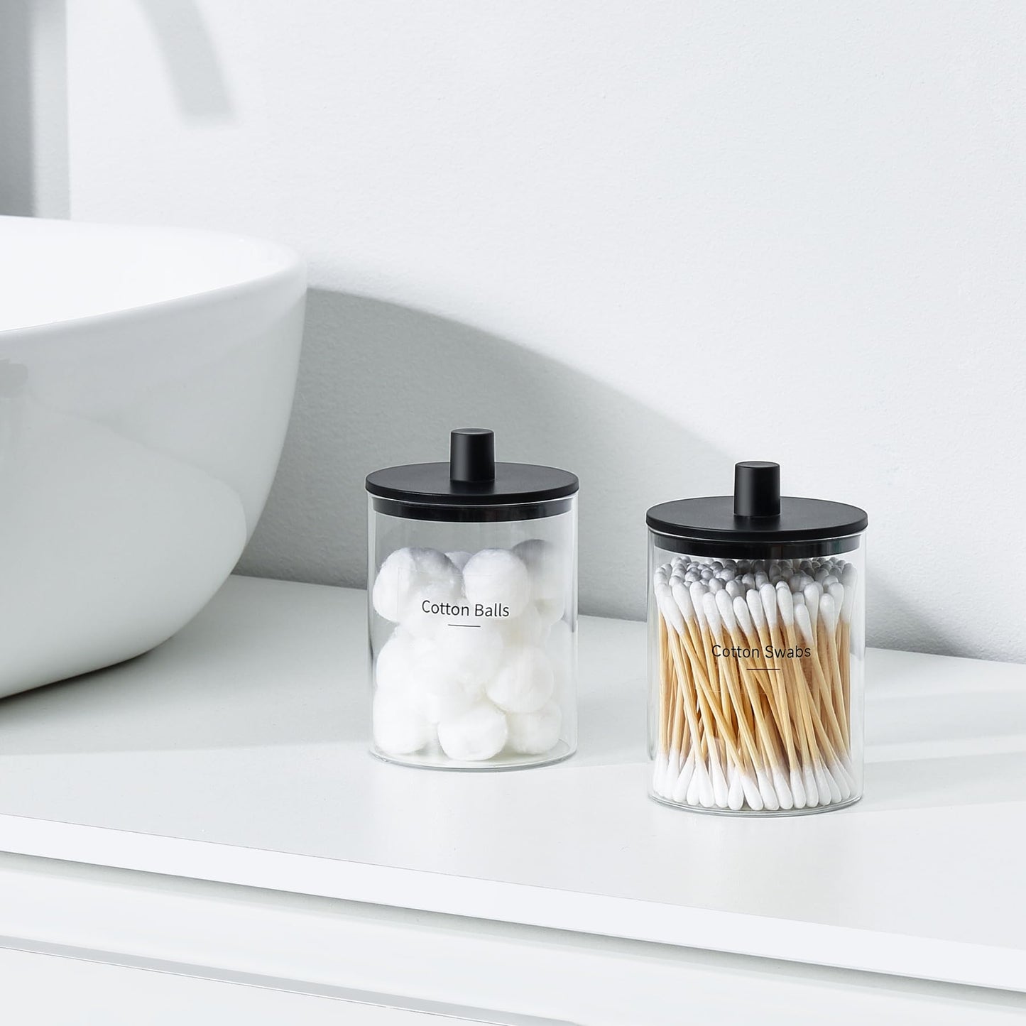 3 Pack Glass Qtip Holder Dispenser- 10 oz Clear Canister Apothecary Jar, Bathroom Vanity Storage Organizer Set for Cotton Swabs, Pads, Floss Picks, Small Containers for Makeup Storage (Black)