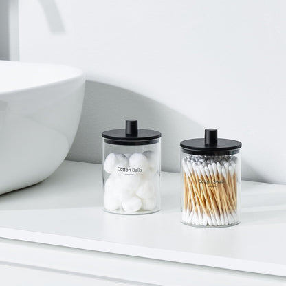 3 Pack Glass Qtip Holder Dispenser- 10 oz Clear Canister Apothecary Jar, Bathroom Vanity Storage Organizer Set for Cotton Swabs, Pads, Floss Picks, Small Containers for Makeup Storage (Black)