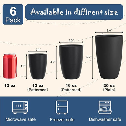 Wheat Straw Large Cup Set of 6, Unbreakable 20 OZ Tumbler, Alternative to Plastic Reusable Cups for Kitchen & Outdoor, Stackable Drinking Glasses, Dishwasher Safe Cup Set, Black