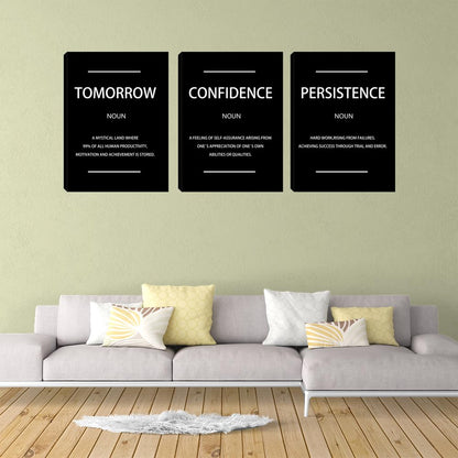 Motivational Black Wall Art Persistence Confidence Tomorrow Noun Inspirational Painting Wall Art 3 Pieces Canvas Print Office Decor Poster Framed Quotes Wall Art Office Decoration - 36" W x 16" H
