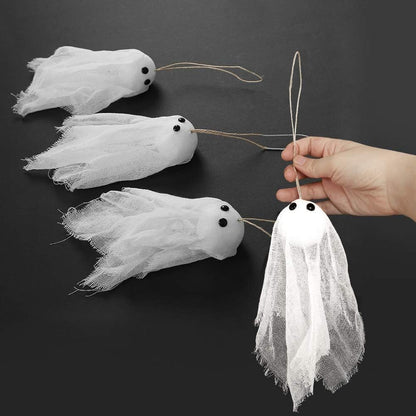 Decor365 Small Hanging Ghosts with White Creep Cloth and Black Eyes Summerween Party Decorations Classroom Living Room Outdoor Halloween Decorations Spooky Scary Ghost To Hang from Trees (Pack Of 12)
