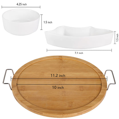 yarlung Ceramic Divided Serving Dishes Platter with Clear Lid, 11 Inch Bamboo Appetizer Tray with Handles 5 Removable Snacks Bowls Relish Tray for Candy and Nut, Chips and Dips, Veggies