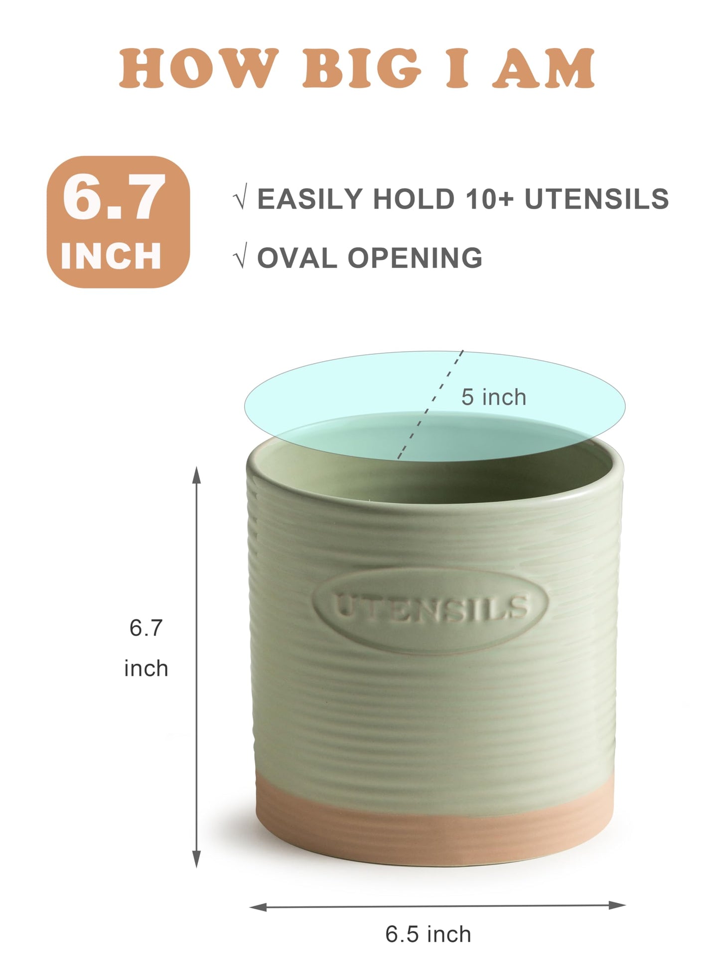 YHOSSEUN Kitchen Utensil Holder, Ceramic Utensil Holder for Kitchen Counter 6.7" Large Cooking Utensil Crock Farmhouse Utensil Organizer Storage, Oval Opening, Green