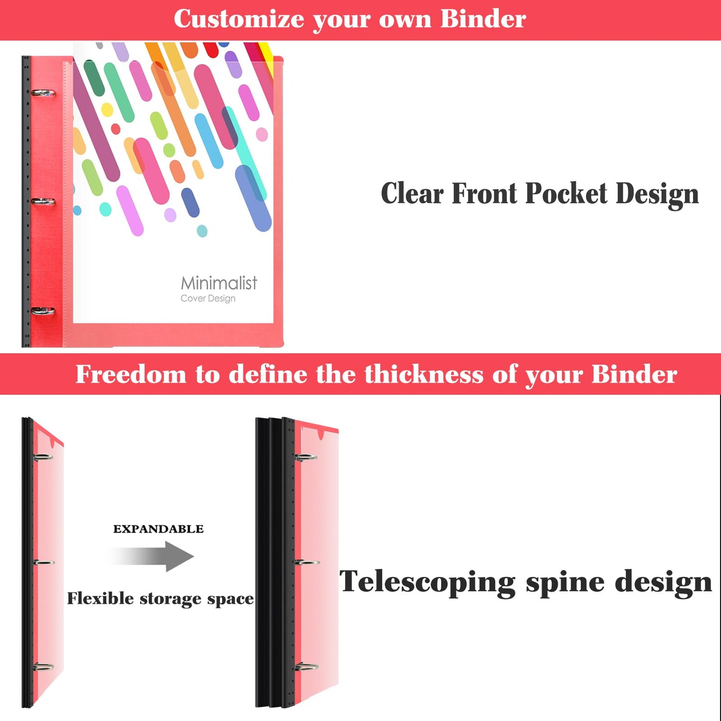 INFUN 1 Inch Telescoping Project Organizer Binder-2PCS,13 Pocket, Customizable Front Cover, 5 Colors Pocket Divider and Plastic Binder Pocket，225 Sheet Capacity-Red