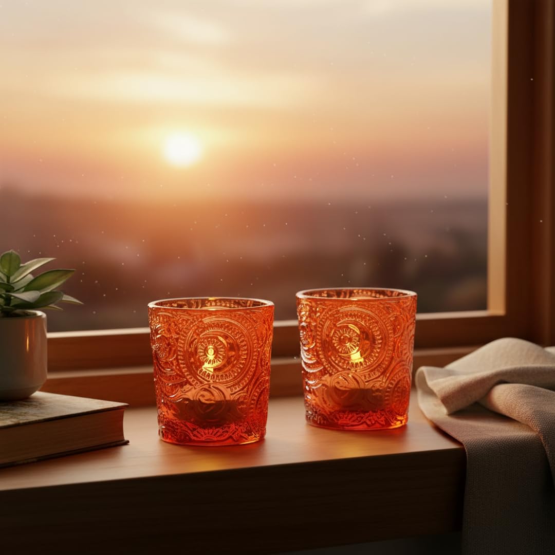 12 Pack Patented Sun Moon Star Embossed Glass Tea Light Candle Holders - Unique Votive Candle Holders for Wedding, Party, and Table Centerpieces (Pumpkin Spice)