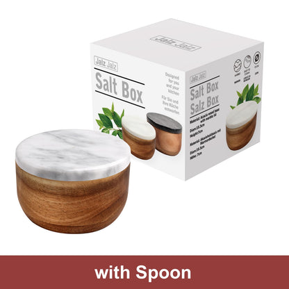 jalz jalz Large Acacia Wood Salt Cellar with Marble Lid - 10oz Heavy Salt Box Pepper Pinch Pot with Spoon - Natural Solid Wood Spice Container Decorative White Grey Marble Cover for Kitchen Counter