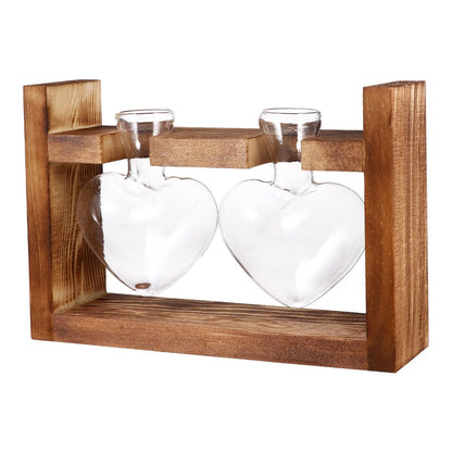 BESPORTBLE 2Pcs Heart-Shaped Glass Hydroponic Containers with Retro Wooden Rack Temperature-Resistant Terrarium Vases for Tulips Roses and Green Plants Decorative Flower Holders for Home and