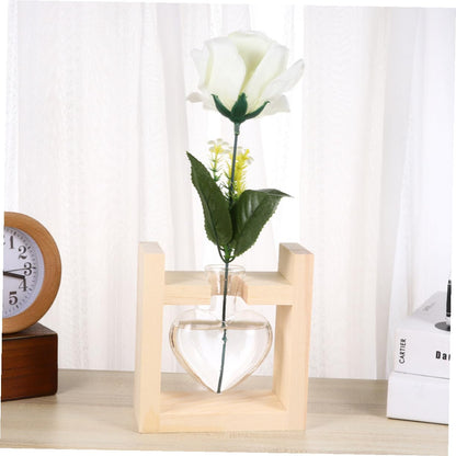 HAKIDZEL Heart-Shaped Glass Vase with Wooden Rack Hydroponic Plant Terrarium Container for Indoor Flower Arrangement Heat-Resistant Decorative Planter for Tulips Roses Indoor and Office