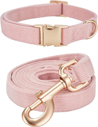 Soft Corduroy Dog Collar and Leash Set Adjustable Durable Dog Collars with Metal Buckle and Lead for Female Small Dogs,Baby Pink
