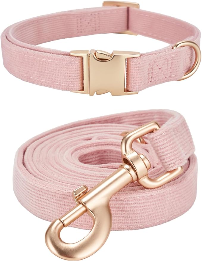 Soft Corduroy Dog Collar and Leash Set Adjustable Durable Dog Collars with Metal Buckle and Lead for Female Medium Dogs,Baby Pink