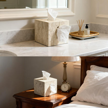 Natural Travertine Marble Tissue Box Cover – for Loose Facial Tissues and Toilet Paper roll, Square Cube Tissue Box Holder with Dual Access, Rustic Farmhouse Décor for Bathroom & Living Room