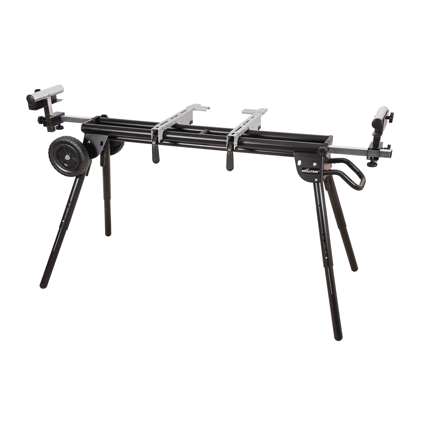 Evolution Power Tools Miter Saw Stand PLUS - Compact Folding Stand with Extendable Arms, Large Wheels, Universal Fittings for Most Brands Evolution, Makita, DeWalt, Bosch, Ryobi, Einhell and Metabo