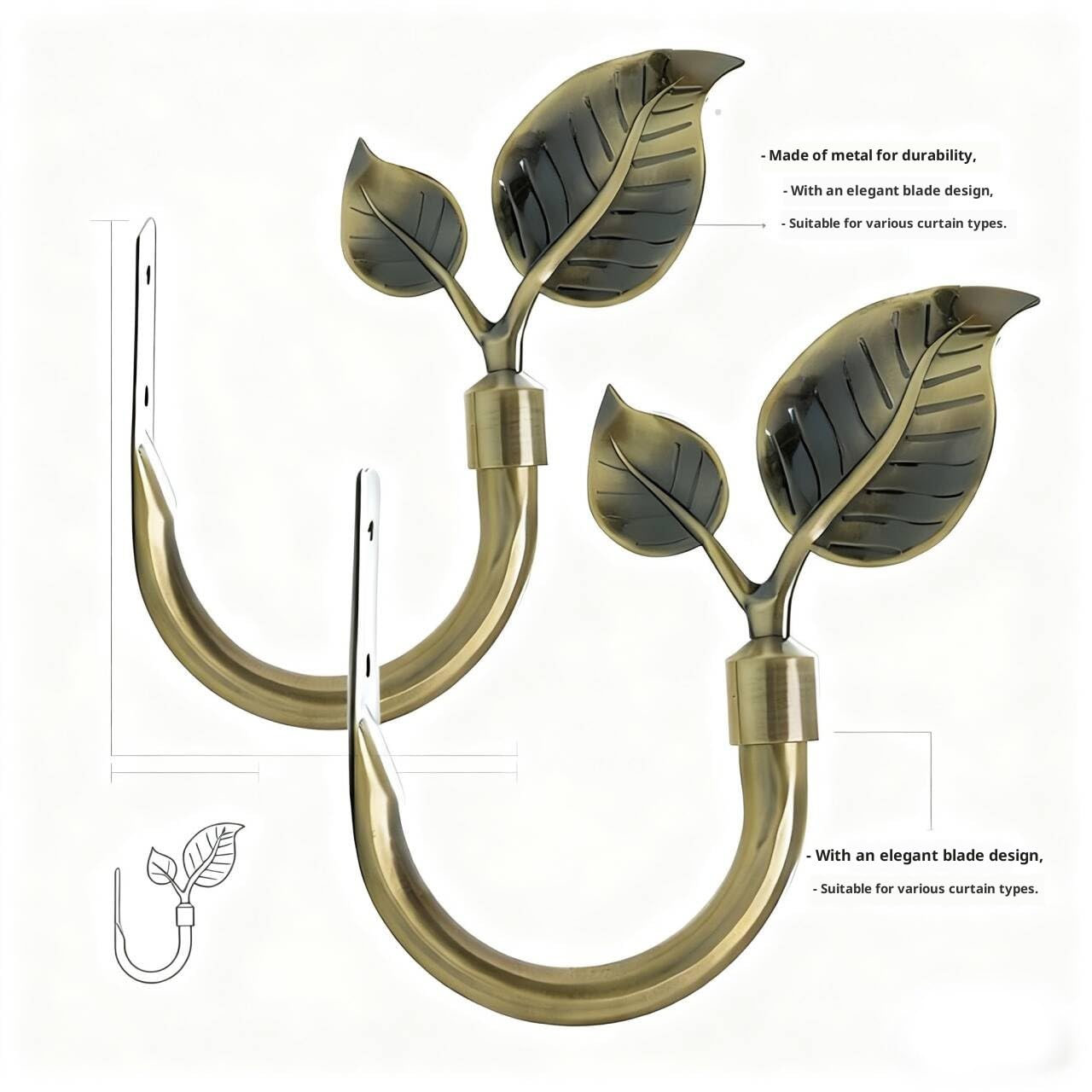Rbeusau Leaf Shaped Heavy Duty Curtain Holdbacks 2pcs, Traditional Style Antique Brass Handmade Metal Curtain Tiebacks for Wall, Curtain Tie Hook Pull Backs for Drapes Window Home Decoration