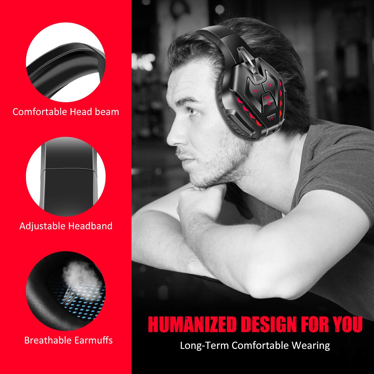 PHOINIKAS PS5 Gaming Headset for PS4, PC, Switch, Q10 Xbox One Headset with Stereo Sound, Detachable Mic, Wireless Bluetooth 5.3 Headphone only for Laptop/Phone/Tablet, 40H Plyatime (Red)