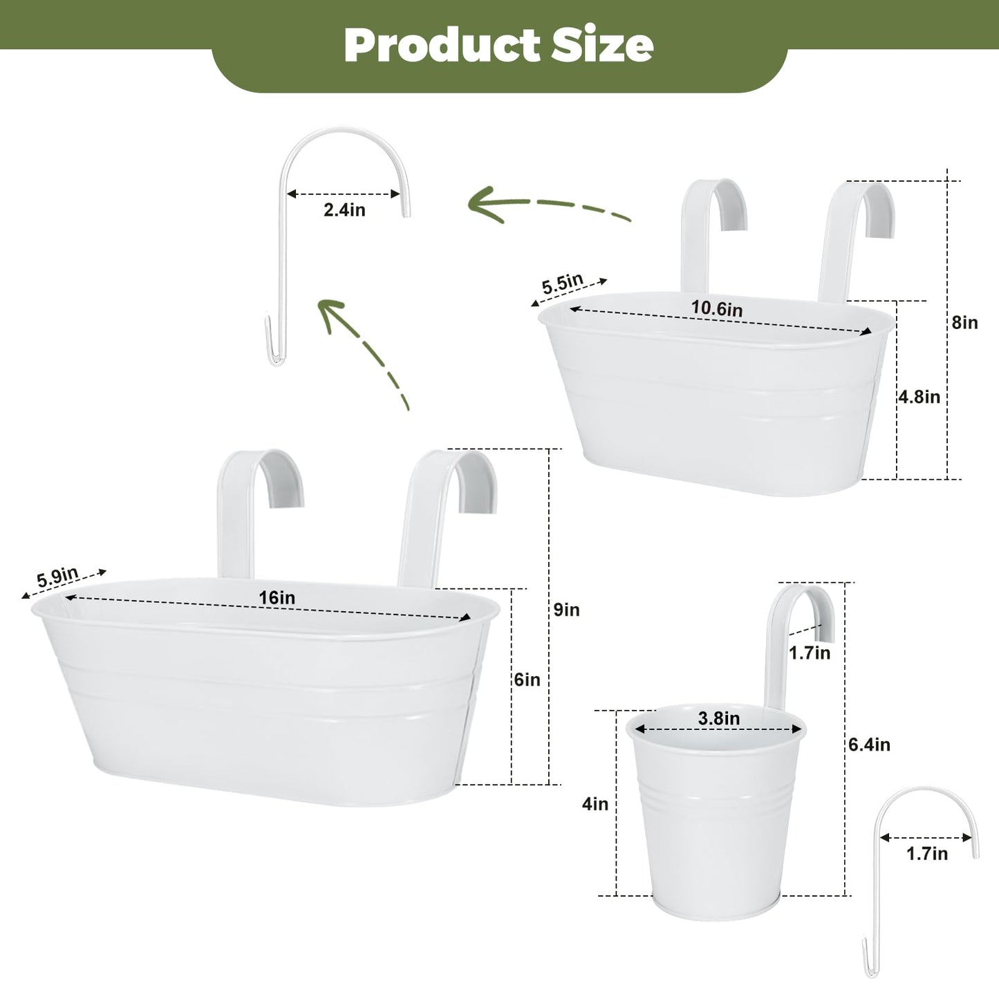 3 Different Size Metal Iron Hanging Flower Pots 10 Pcs for Outdoor Plants Metal Hanging Bucket Pots Iron Railing Fence Planter with Drainage Holes and Hooks for Porch Railing Balcony Fence (White)