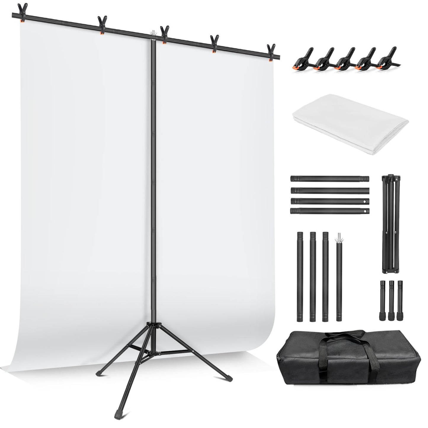 White Backdrop with Stand for Photoshoot, 5X6.5ft White Photo Backdrop with T Shape Background Backdrop Stand for Photography, Portable Photo Backdrop Curtain Stand Kit w Carrying Bag 5 Spring Clamps