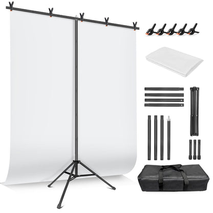 White Backdrop with Stand for Photoshoot, 5X6.5ft White Photo Backdrop with T Shape Background Backdrop Stand for Photography, Portable Photo Backdrop Curtain Stand Kit w Carrying Bag 5 Spring Clamps
