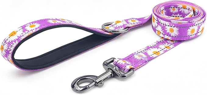Dog Collar Leash Set, Floral Pattern, with Safety Reflective Strips, 5 ft Matching Leash, Neoprene Padded Handle, Adjustable 4 Sizes for Small Medium Large Dogs.(S, Purple Daisy)