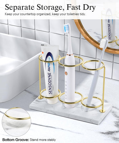 Emibele Electric Toothbrush Holder, 3 Slots 2-Layer Resin Electric Toothbrush Holder Bathroom Toothpaste Razor Storage Non-slip Organizer for Bathroom Toothbrush Toothpaste Cleanser, Gold Marble White