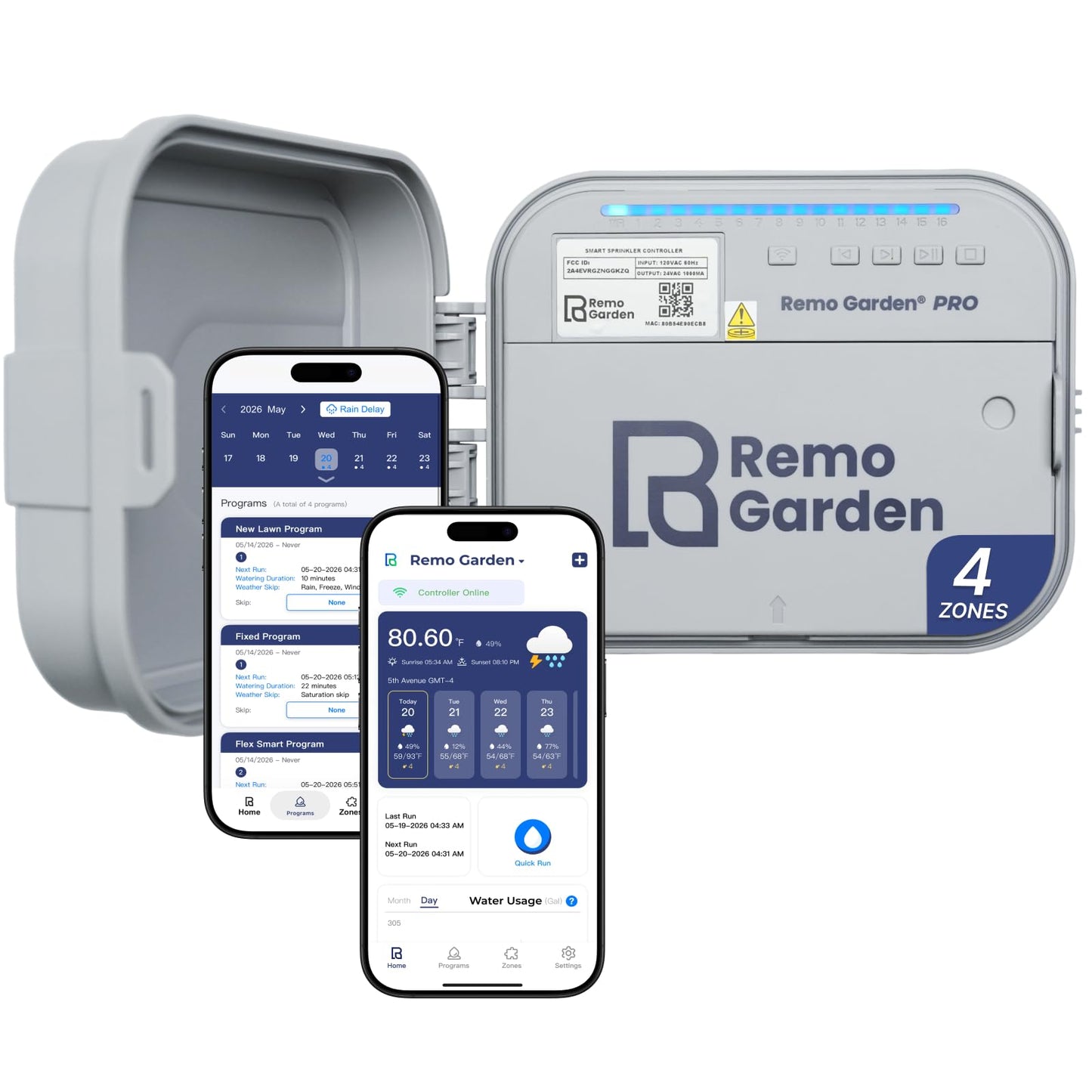 Remo Garden Smart Sprinkler Controller, 4 Zones Wi-Fi Irrigation System, Hyper-Local Weather Intelligence, Automatic Rain Skip, Compatible with Alexa