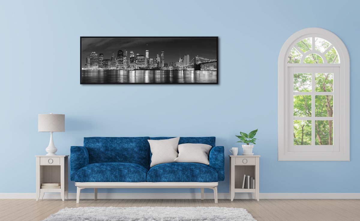 Wieco Art New York Manhattan Night View in Black and White Giclee Canvas Prints Modern Stretched and Framed Art work Cityscape Pictures Paintings on Canvas Wall Art for Bedroom Home Decorations