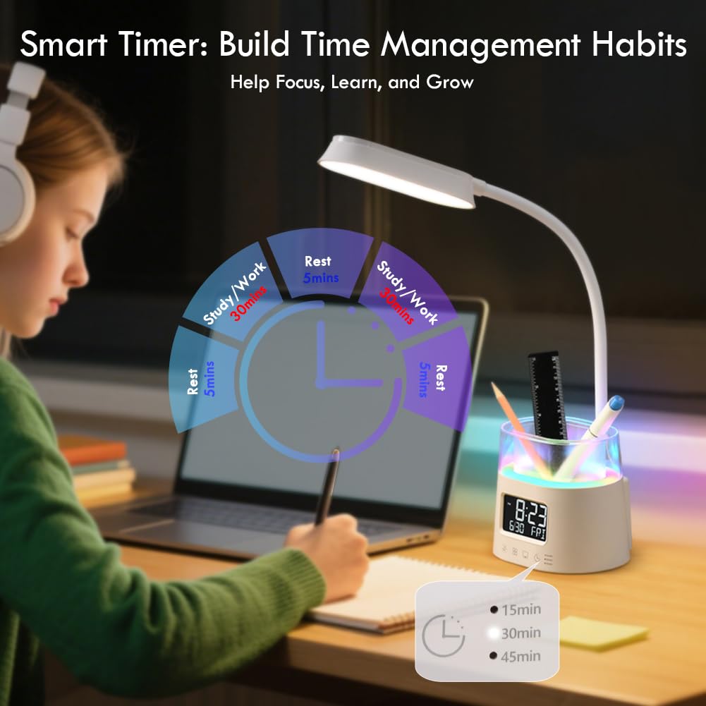 WILIT LED Desk Lamps for Home Office with Pen Holder, Table Lamp for Bedroom with USB Charging Port & Clock, RGB Night Light, Study Lamp for Kids Girls, Desk Light for College Dorm Room Essentials