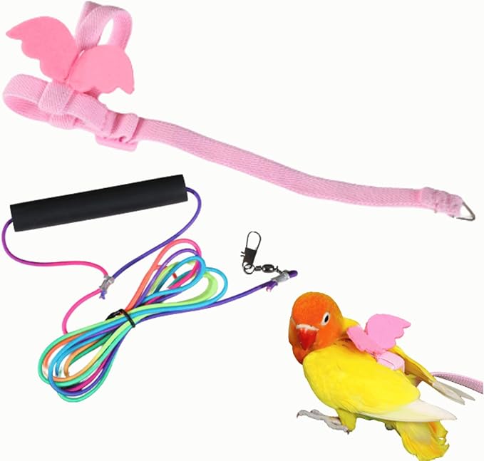 Pet Parrot Bird Harness and Leash, Adjustable Training Design Anti-Bite, Bird Nylon Rope with Cute Wing and Colorful Leash for Parrots Lovebird Cockatiel Conure Budgie (Pink with 236.2inch Leash,S)