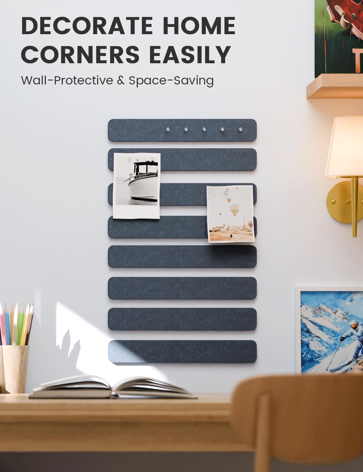 Fluxynara Cork Board Alternative Felt Strip Board 8-Pack 13"x2", Office Pin Board with 50 Push Pins, Adhesive Install for Bedroom Door & Home Office (Denim Blue)