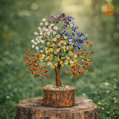 Rajasthali 7 Chakra Crystal Tree for Home Decor | Handcrafted Gemstone Bonsai Tree for Positive Energy, Vastu & Gifting | Wooden Base (Multi Seven Chakra)