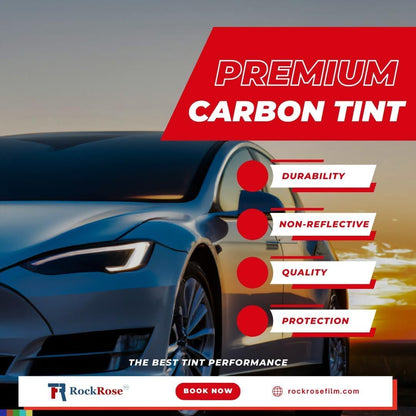 RockRose 1% Premium Carbon Car Window Tint 12 in x 100FT 2PLY Charcoal Privacy Film Heat, UV, and IRR Block Tint for Cars or Home Adhesive Film Easy Shrink, Plotter Friendly Pro Grade