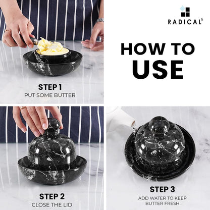 Radicaln Marble Butter Dish With Lid For Countertop 6" Inches Black Zebra Handmade Butter Spreader For Kitchen Accessories, Ideal Butter Crock for Butter & French Butter Holder