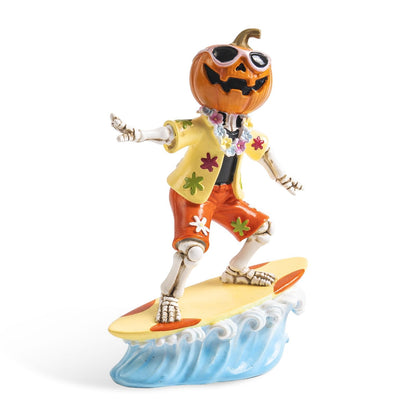 caiydramy Summerween Decorations for Home, 5.9" H Resin Surfing Pumpkin Skeleton Figurine, Spooky Summer Halloween Party Decorations, Tropical Hawaiian Beach Indoor Mantel Table Top Shelf Desk Decor