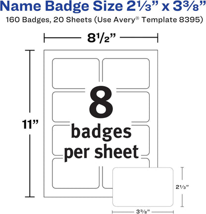 Avery Flexible Printable Name Tags, 2-1/3" x 3-3/8", Matte White, 160 Removable Name Badges (8395)