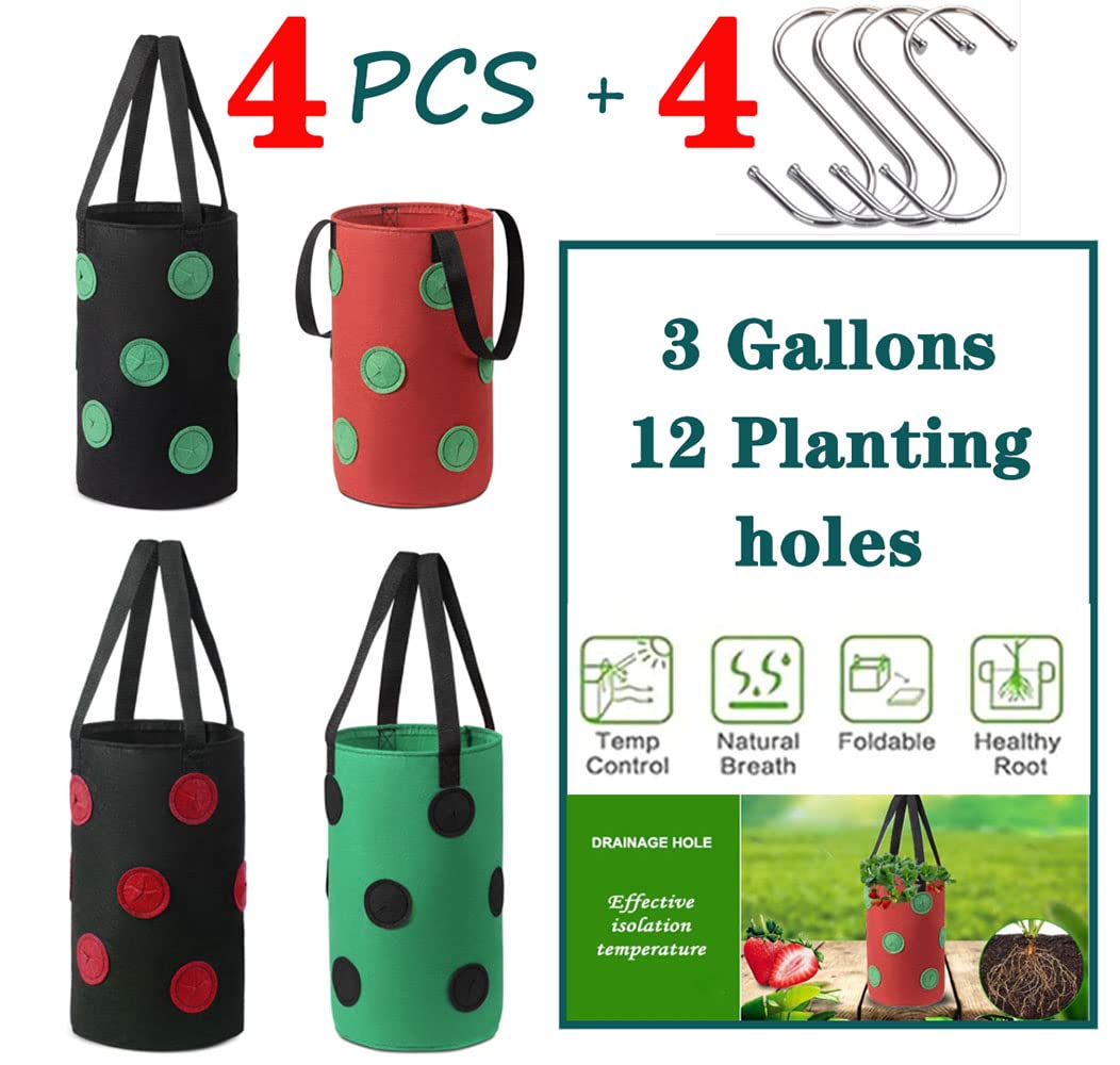 4 Pcs Hanging Strawberry Planter Bags 3 Gallon Upside Down Strawberry Planter and 4 Hooks, Sturdy Hanging Handle Thickened Breathable Felt Cloth for Herb Tomato Hot Peppers Vegetables (4Pcs 3Gal)