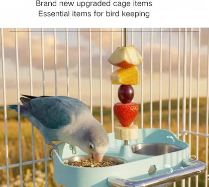 Bird Feeder Birds Bowls Stainless Steel Dishes Coop Cups with Fruit Skewer, Parrot Feeding Dish Cups Food Water Bowls with Bird Food Holder for Budgies Lovebirds (Yellow,Oval)