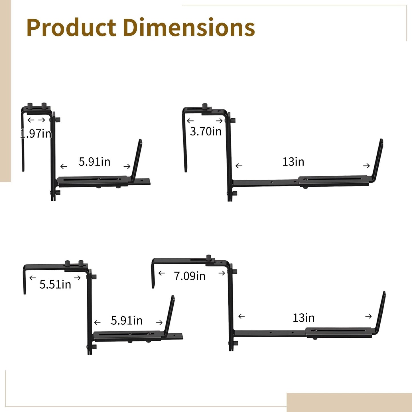 4 Pcs Adjustable Flower Box Brackets, Plant Holders for Deck Railings, Heavy-Duty Iron with Rustproof Black Coating, Easy Setup, Fits 2-7 in Wide Railings, 5.9-12.6 in Pots