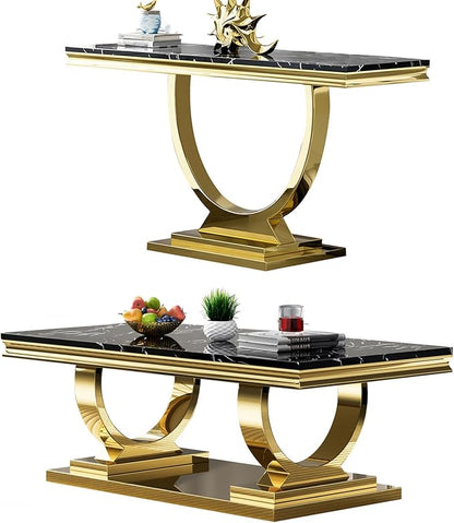 2 Piece Living Room Table Set Include 1 Faux Marble Coffee Table & 1 Console Table, Modern Black Gold Coffee Table Set of 2 with Double O Shape Stainless Steel Pedestal Base