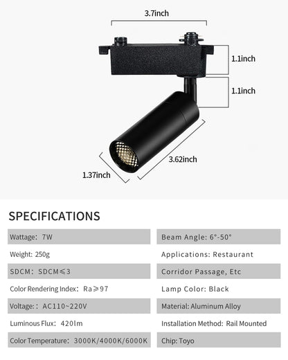 Gpaillumic LED Zoomable Ceiling Spotlight 7W Adjustable Beam Angle 6-50° Swivelable Angle CRI 97 Black Aluminum Accent Lamp for Corridor Mural Living Room - COB Chip