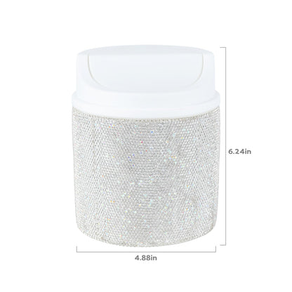 KEYPOWER Bling Rhinestone Mini Plastic Trash Can Cute Small Waste Can with Swing Lid,Suitable for Home Countertop,Car,Table Desk,Office (White)