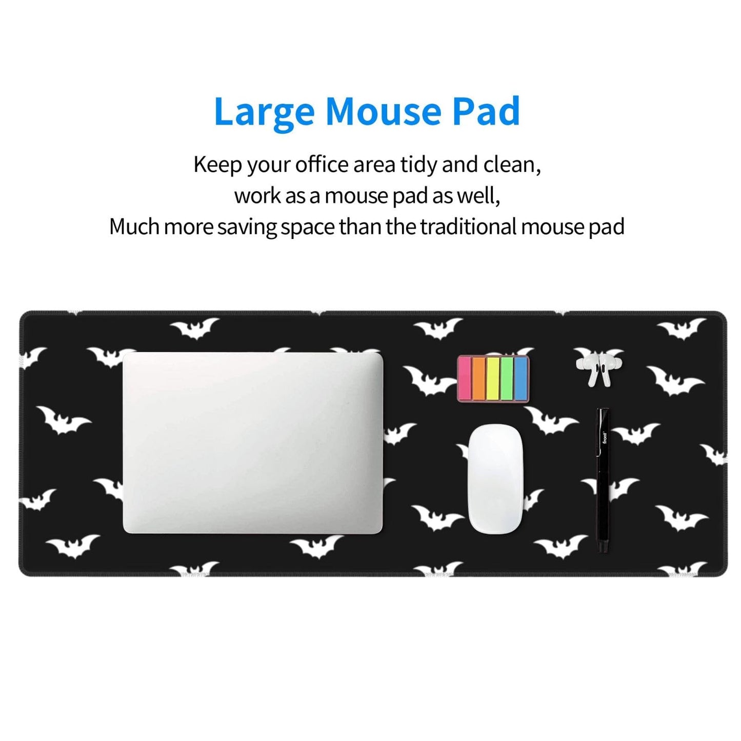 Extended Gaming Mouse Pad with Stitched Edges, Black White Halloween Bats Large Desk pad Long XL Keyboard and Mouse Pad Desk Mat for Gaming Office & Home, 31.5x11.8 in
