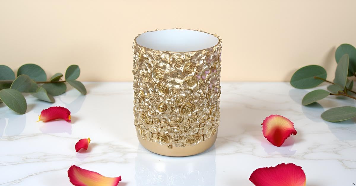 Huitony Decorative Glod Trash Can Elegant Resin Carved Waste Basket 8"x10" Trash Bin Decor Rose Floral Garbage Can for Office Bathroom,Bedroom,Livingroom 8L/2.2Gallon(Gold)