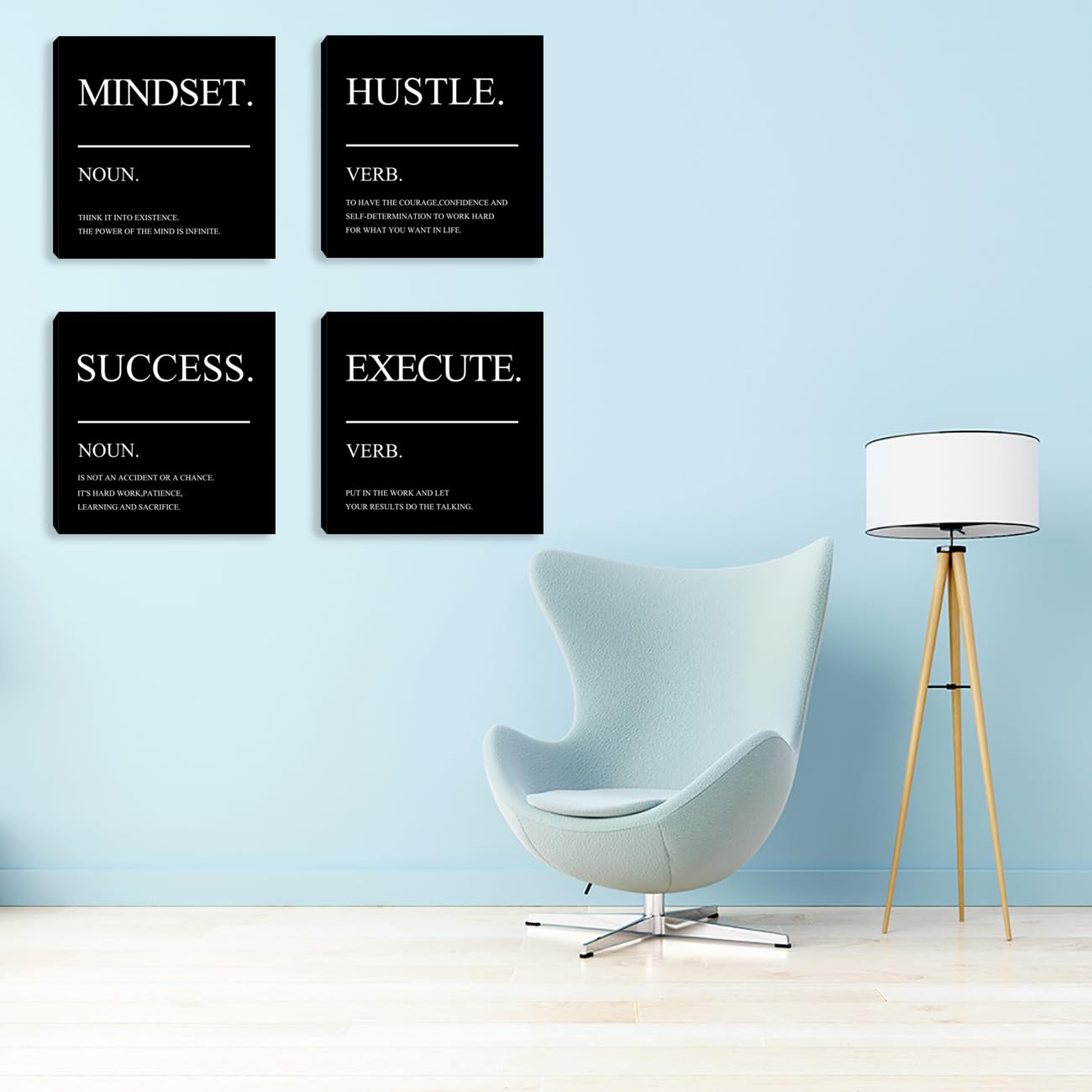 Framed Motivational Wall Art for Home Office - Inspirational Hustle Canvas - Mindset Decor for Living Room, Bedroom, Men's Office - 12"x12"x4PCS