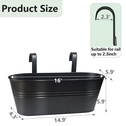 Venyat 16 Inch 4 PCS Metal Hanging Flower Pots for Railing Fence, Large Railing Planters for Outdoor Plants, Fence Hanging Planters with Detachable Hooks for Garden Balcony