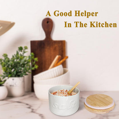 NAXIHOPT Salt Cellar with Lid and Spoon, 16 OZ Airtight Salt Container for Countertop, Ceramic Storage Container for Spices, White