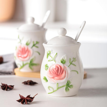 Seasonsplan Hand Drawn Relief ceramics Ceramic Sugar Bowl 2 Pack, PorcelainJar with Tray, Spoon and Lid for Sugar, Pepper, Coffee, Spice, Salt, 8 Ounces (Hand Drawn Relief)