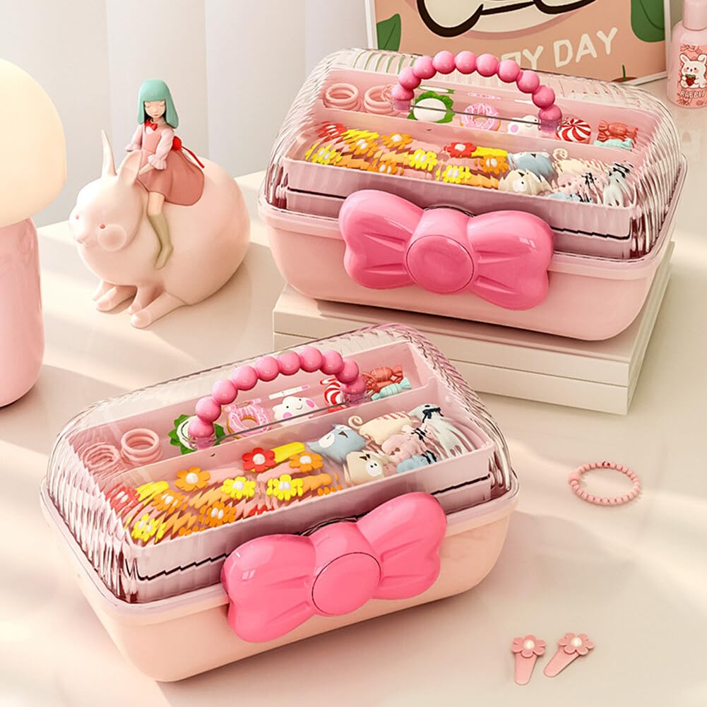 GKWW Cute Girls Hair Accessories Storage Box Bow Switch Organizer Box Jewelry Box, Plastic Hair Ties Holder Hair Clips Container Storage Box for Home, School, Office(Pink)
